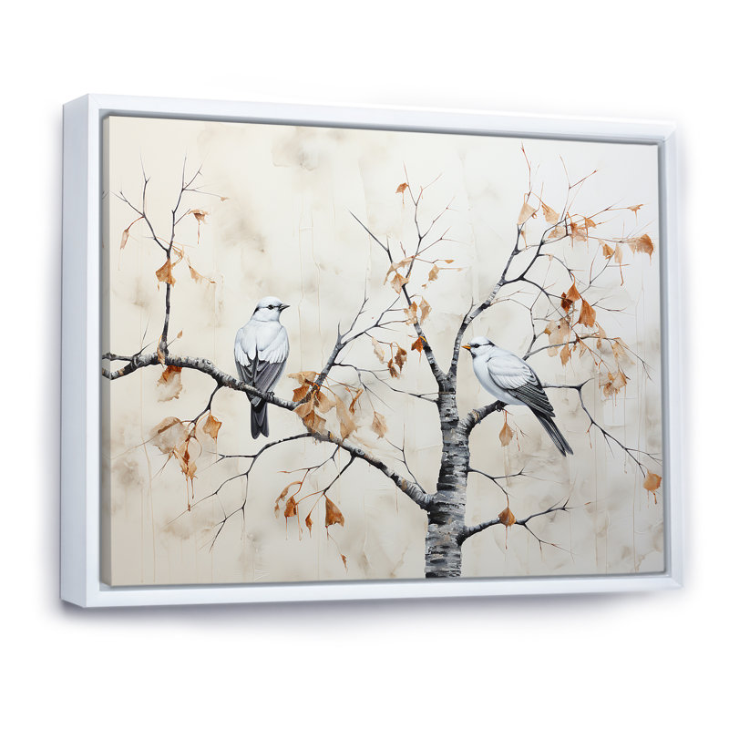 Arbre de bouleau avec oiseaux - Minimalisme, Cadre flottant blanc, H 16 po x l 32 po x P 1 po