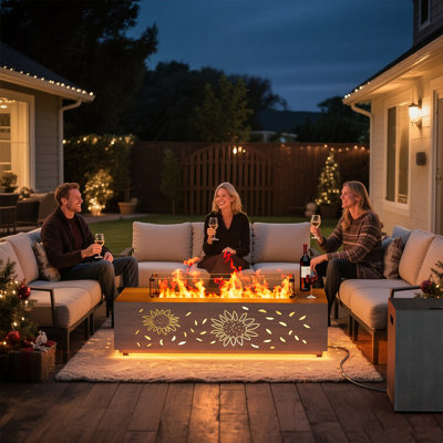 Foyer de table au gaz 42 "au propane de 42 000 BTU avec motifs de tournesol évidés et lumière dorée