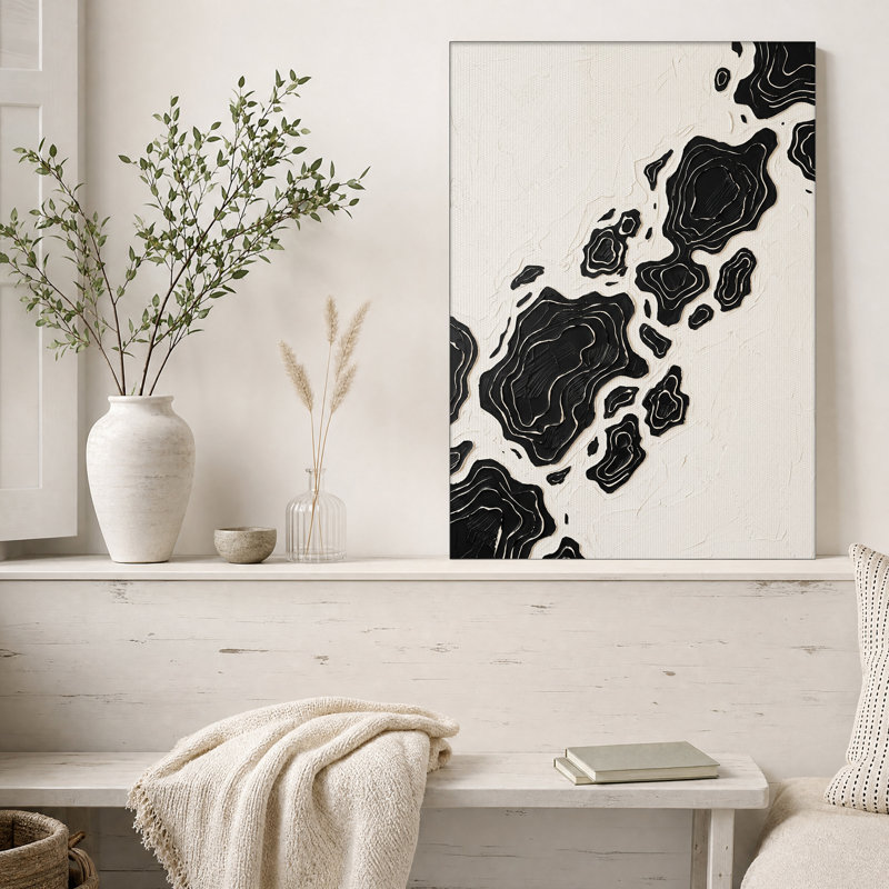 Tableau abstrait topographique sur toile noire et crème, 30"H x 20"W