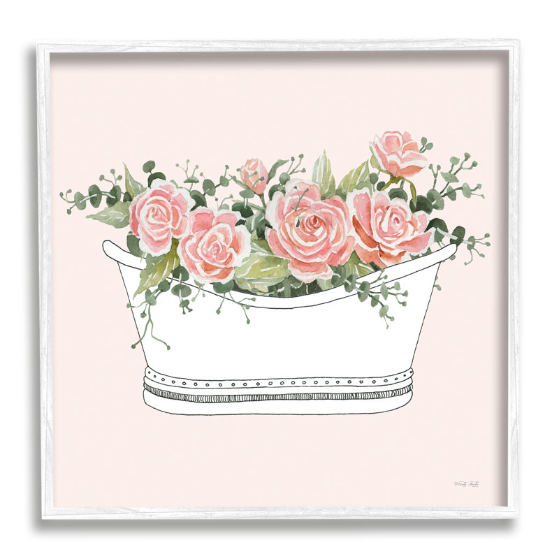 «Pink Rose Blossoms», salle de bain pour baignoire décontractée par Cindy Jacobs - cadre flottant, impression sur toile