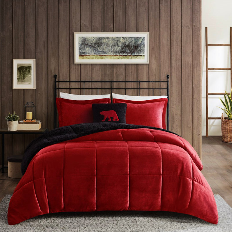 Édredon To King - rouge + noir, bourre, taies décoratives l 20 po x L 36 po, coussin décoratif, lavage à la machine rouge + noir et coussin décoratif
