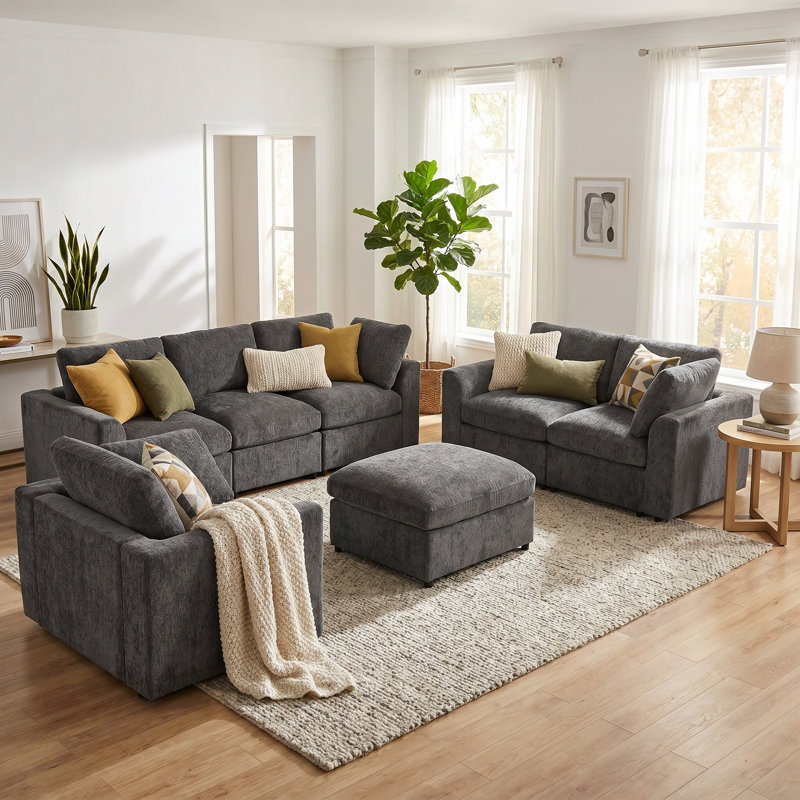 Ensemble de meubles de salon 4 pièces, 3 places + causeuse + fauteuil + repose-pieds mobile, canapé rembourré en chenille à assise profonde avec structure en bois massif et comprend 3 coussins décoratifs