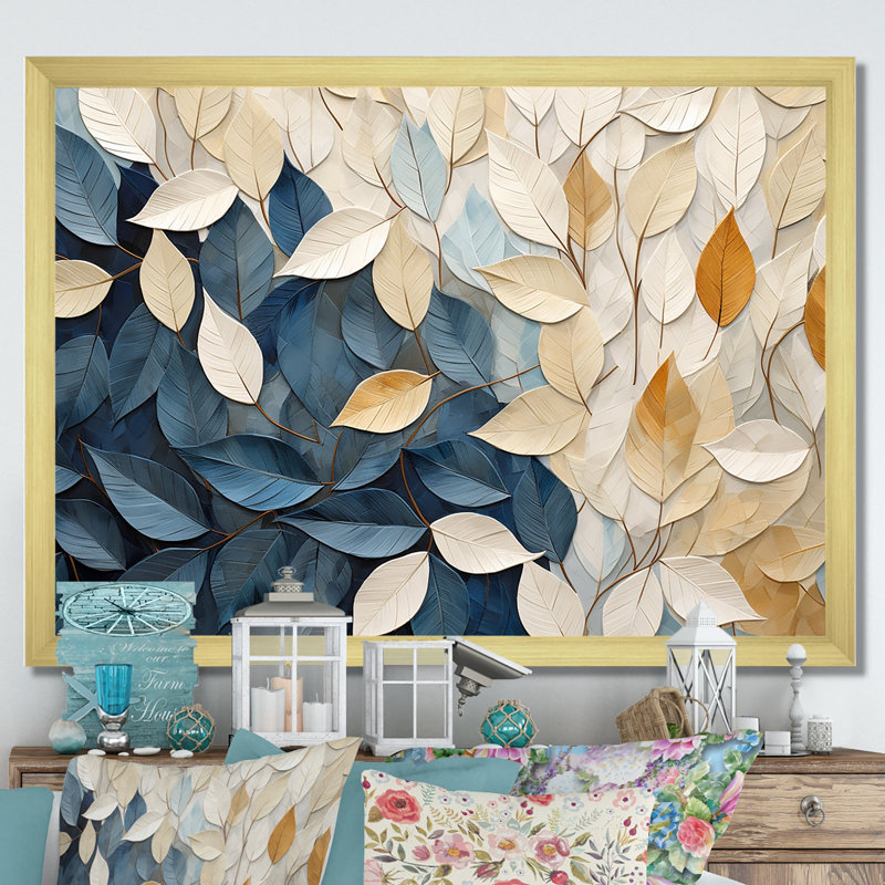 Collage de feuilles minimaliste beige et bleu - feuilles, décoration murale, H 34 po x l 44 po x P 1,5 po, Cadre doré simple