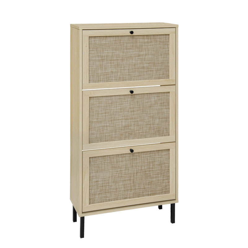 Rattan 3 Door Shoe Rack, Freestanding Modern Shoe Storage Cabinet, For Entryway, Sideboard, Natural