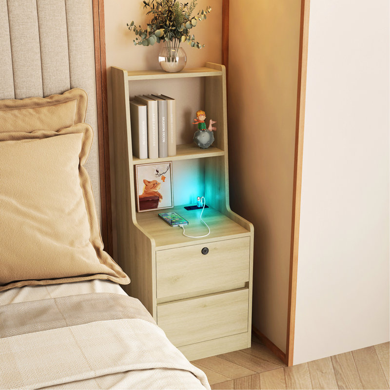 Table de chevet avec station de charge, table de chevet intelligente avec veilleuse, table de chevet moderne avec bibliothèque, tables de chevet avec armoire de rangement pour chambre à coucher, bois
