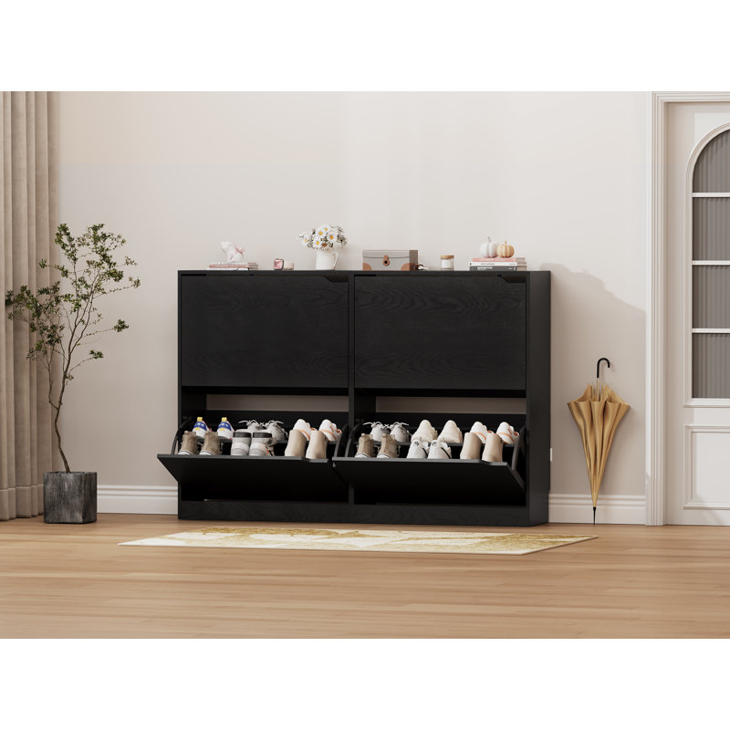 Shoe cabinet with four flip-top drawers and anti-tip design, suitable for entryway storage, Black