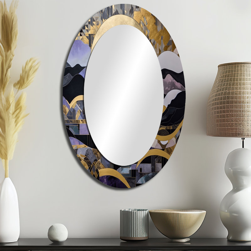 Golden Rising Moon I - miroir mural ovale doré, 36 po x 24 po