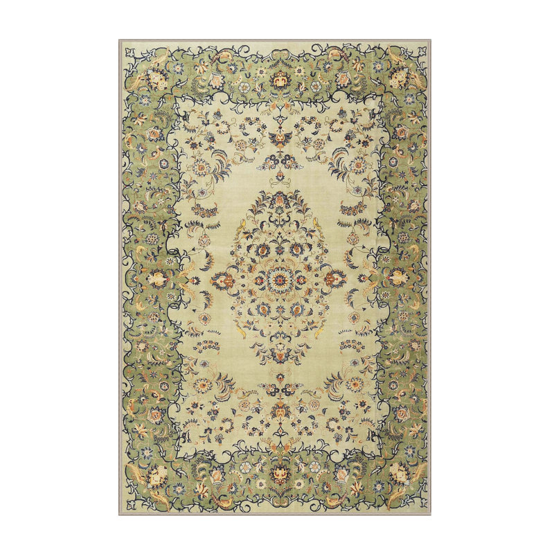 Tapis traditionnel vert / beige, Rectangle 2 pi x 5 pi