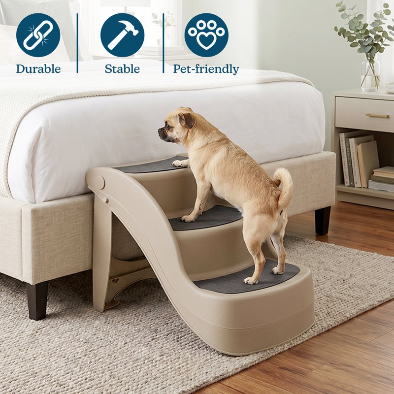 Escalier pliable pour petits chiens et chats PETMAker - 3 marches intérieures / extérieures antidérapantes pour animaux de compagnie avec goupilles de sécurité pour lit, canapé et voiture, accès facile pour les chiots, les animaux de compagnie et les petits animaux (brun clair)