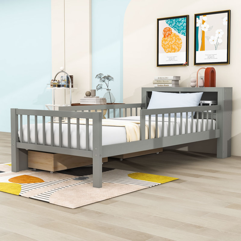Lit plateforme simple en bois avec 2 tiroirs et tête de lit, gris