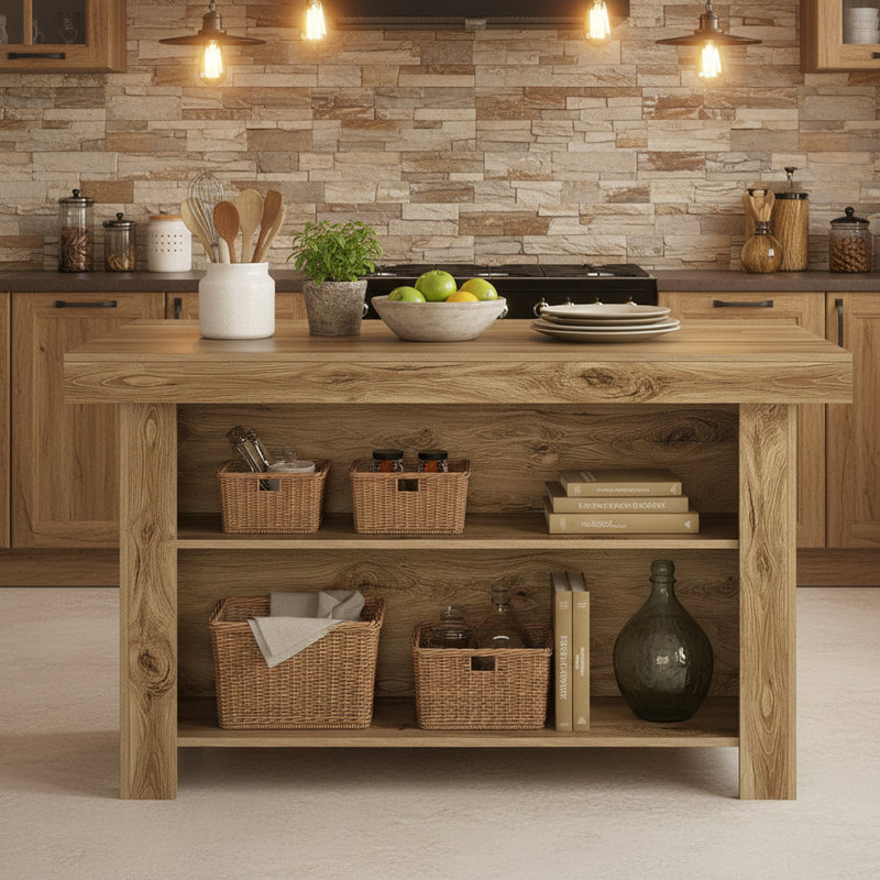 Îlot de cuisine de ferme avec tablettes de rangement, table d'îlot de 55 pouces avec grand comptoir, Chêne