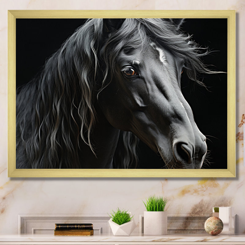Black White Horse Portrait - Animals Canvas Prints, H 34 po x l 44 po x P 1,5 po, Encadrement doré