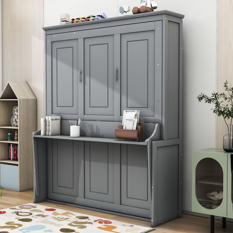 Queen Size Murphy Bed with Convertible Shelf and Headboard, Grey