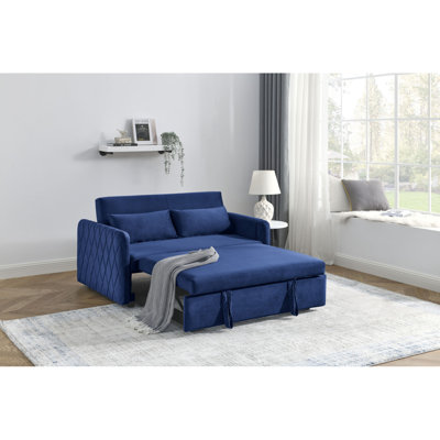 Canapé-lit moderne convertible de 55 po avec 2 poches pour accoudoirs amovibles, canapé-lit en velours avec lit escamotable, 2 coussins et dossier réglable pour le salon, accoudoirs à motif quadrillé
