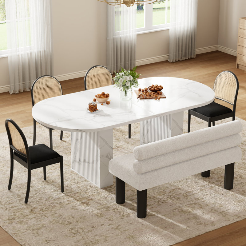 Ensemble de salle à manger moderne ovale 6 pièces avec banc et chaises en bois massif de rotin, Blanc, Noir