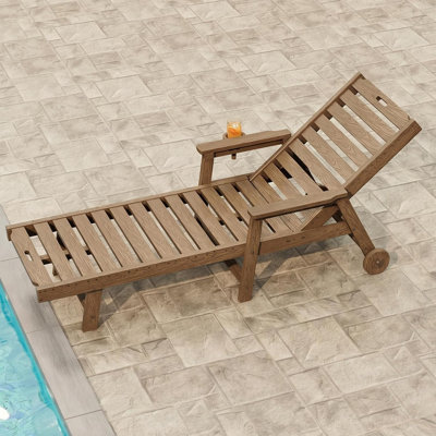 Outdoor Chaise Lounge Chair with 5-Position Adjustable Backrest and Armrests, Detachable Cup Holder & Removable Casters