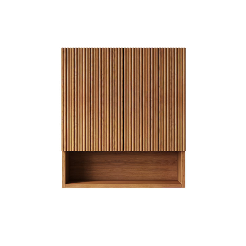 Charlot 26" Wall-Mounted Striped Bathroom Storage Cabinet with Doors, Shelf & Open Compartment, Brown Oak