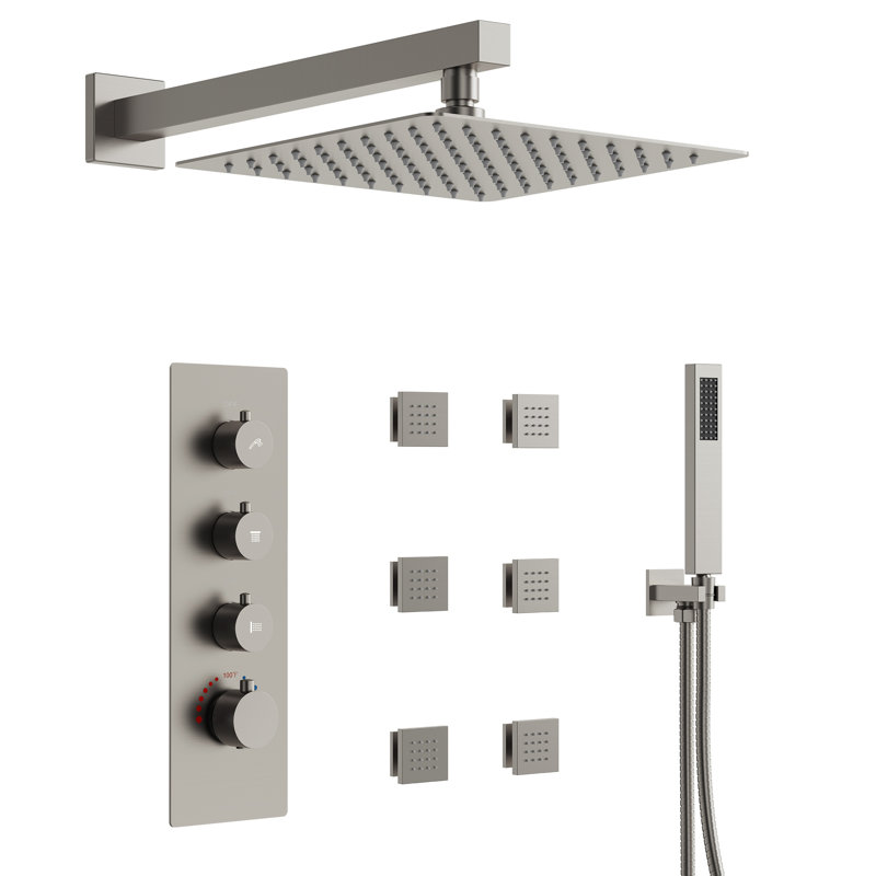 Système de douche thermostatique, robinet de douche à pluie haute pression 12 "avec valve brute, Nickel brossé