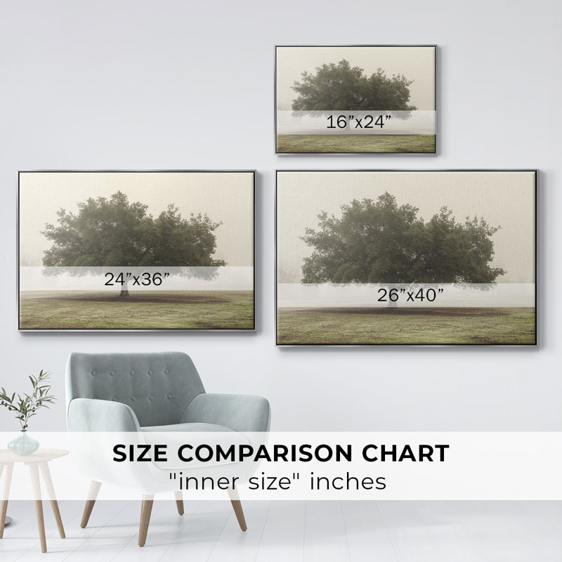 Arbres dans le brouillard II, Toile avec cadre argenté, H 27 po x l 41 po x P 2 po