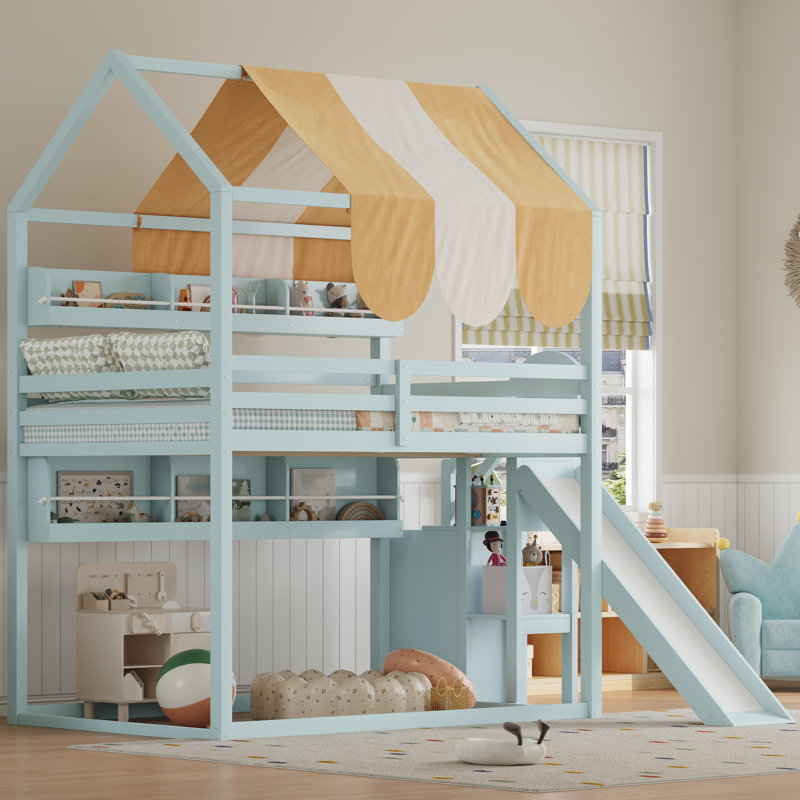 Full Size house Bed with Canopy, Slide & Built-In Bookshelves, Light green, Light Green