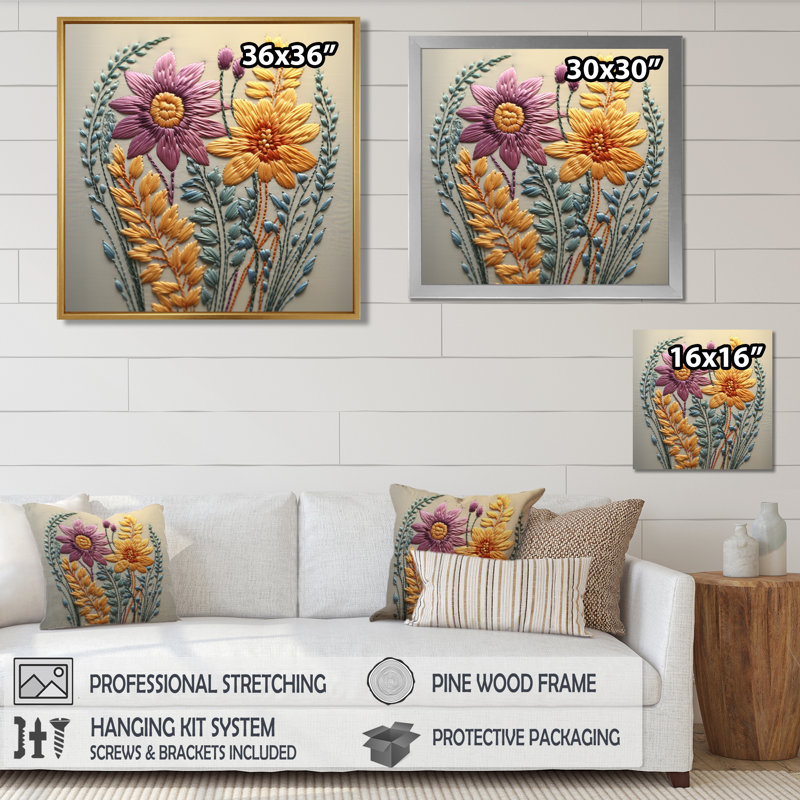 «Pastel Spring Flower Emb broderie I» - impression d'art mural fleurs sauvages, Toile tendue, H 30 po x l 30 po x P 1 po