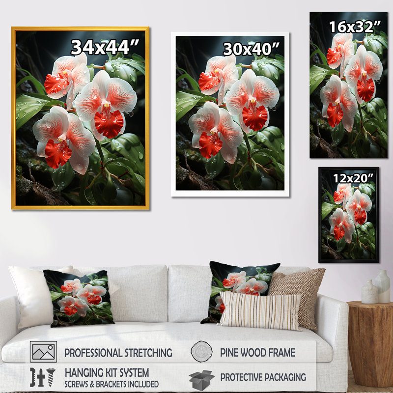 Corail tranquille et orchidées blanches - orchidées murales, Cadre simple blanc, H 44 po x l 34 po x P 1,5 po