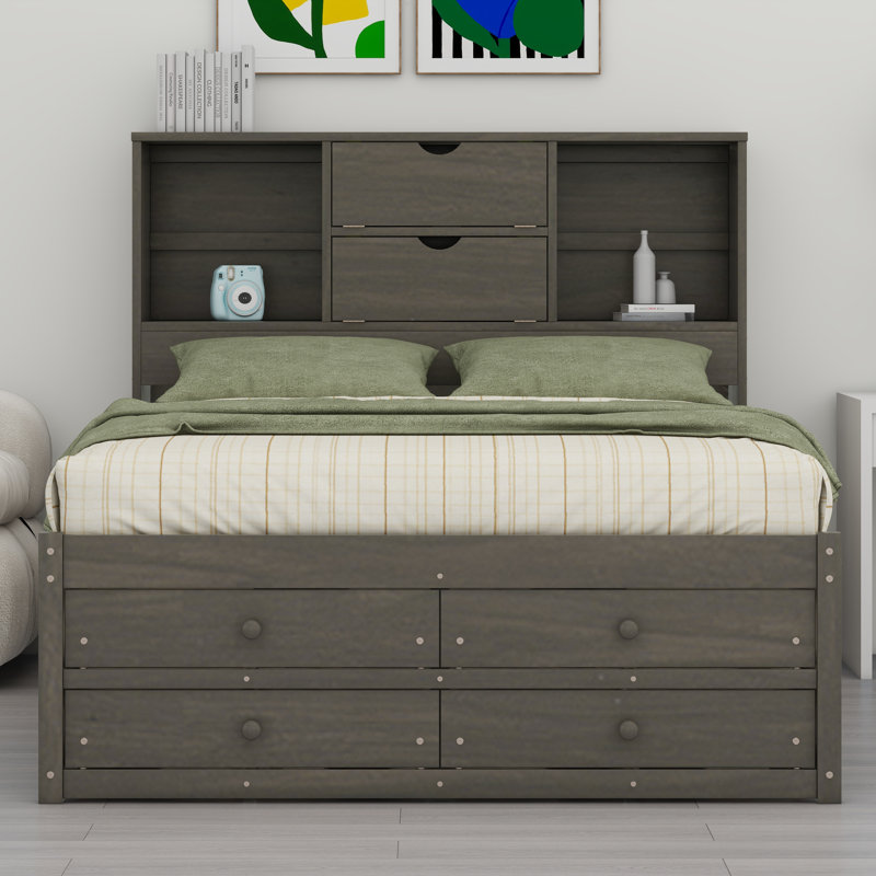 Lit plateforme avec tête de lit et tiroirs de rangement, Gris, Queen