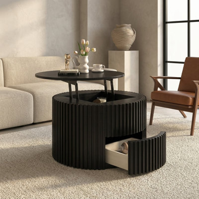 Table basse vibrante ronde avec rangement VibeHaus, petite table basse en bois cannelé pour petits espaces