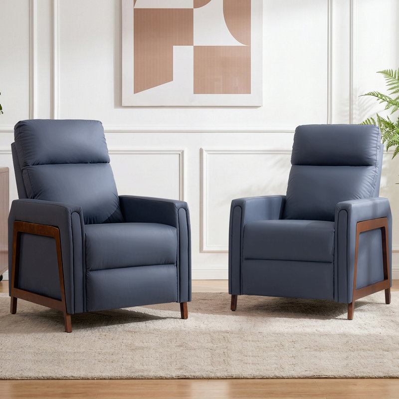 Mid-Century Modern Push-Back PU Leather Recliner Chair, Blue