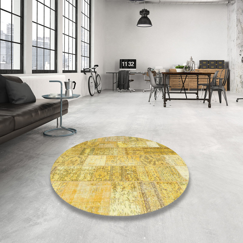 Tapis jaune/gris contemporain, Rond 6 pi