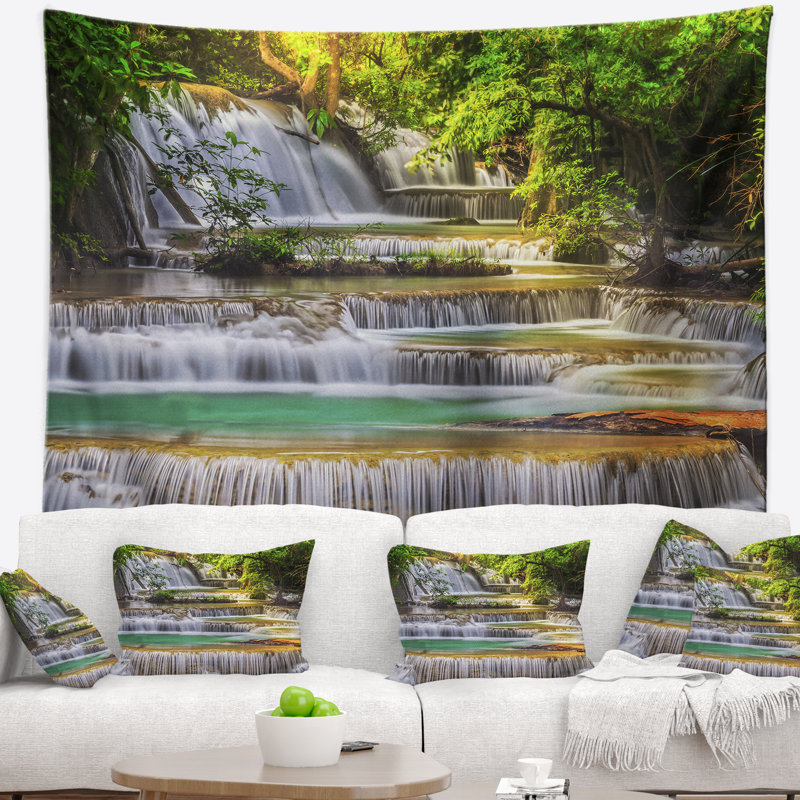 Paysage tranquille tapisserie cascade d'erawan, H 50 po x l 60 po