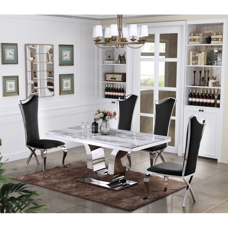 Amias Marble Top Pedestal Dining Set, Black, White/Silver, 5