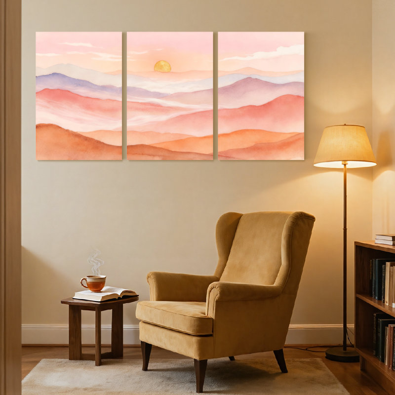 Abstrait pastel coucher de soleil montagne, ensemble de 3 reproductions d'art sur toile, H 24 po x l 48 po