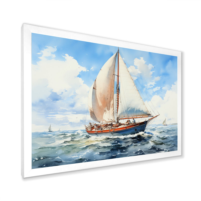Voilier dans le vent II sur toile, Cadre simple blanc, H 12 po x l 20 po x P 1 po