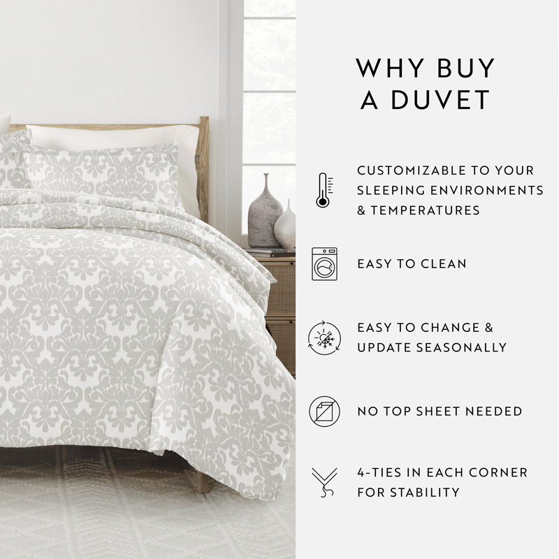 Gray Damask Pattern Microfiber Twin/Twin XL Duvet Cover Set