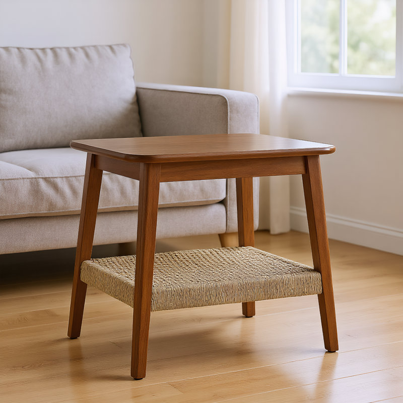 Boho 23" Mid-Century Side Table with Woven Shelf, Storage, Perfect for Living Room, Couch, Patio, Home Office, Bedside