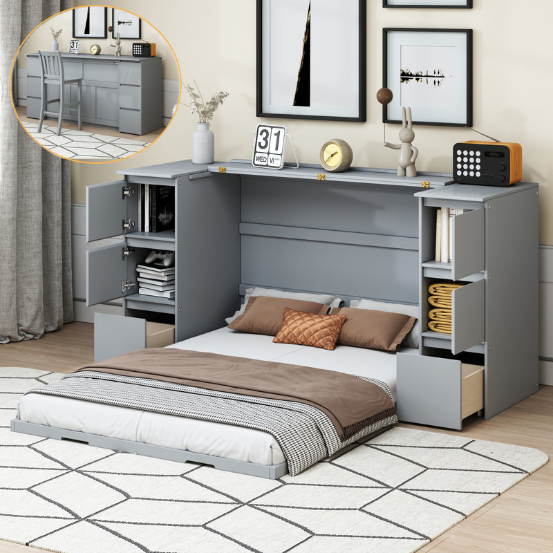 Lit escamotable avec tiroirs, armoires et ports USB, Gris, Lit double
