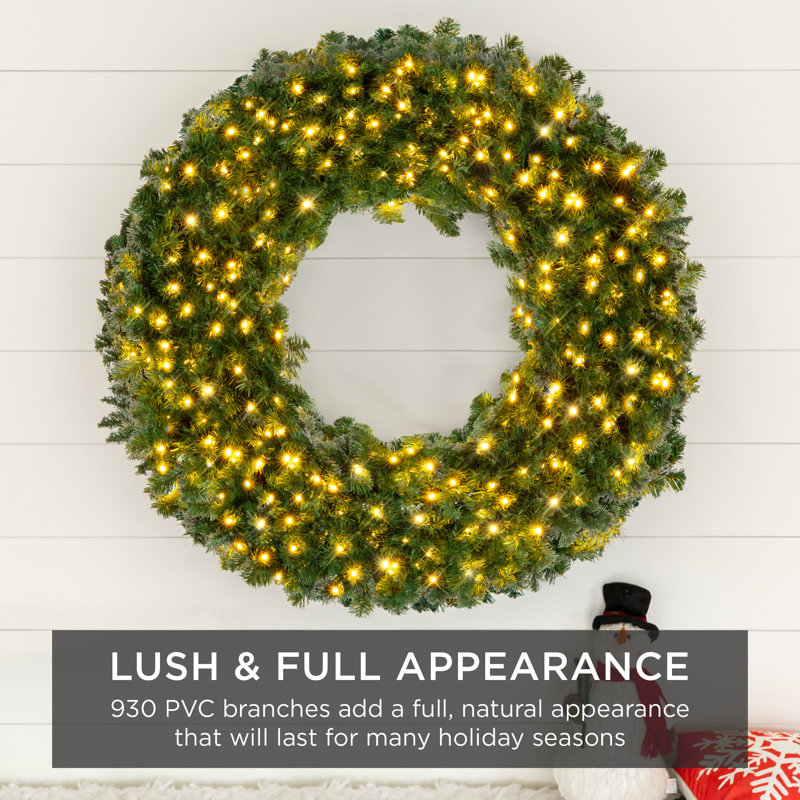 Artificial Pre-Lit Fir Christmas Wreath Decoration w/ LED Lights, 930 Tips, Power Plug-In, 10" H x 60" W x 60" D