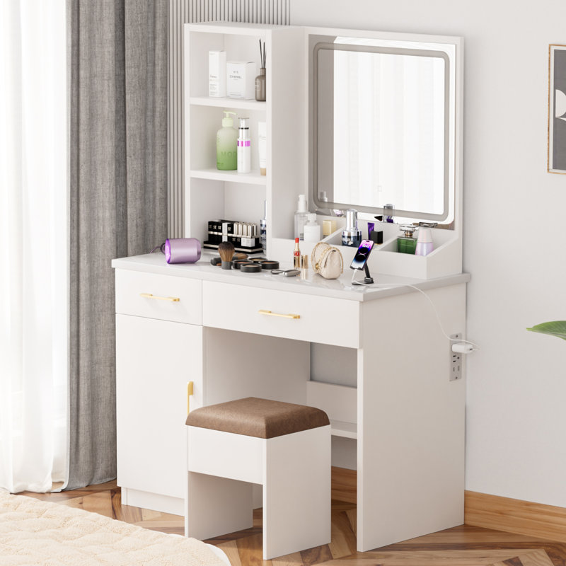 Bureau de coiffeuse avec miroir et lumière, grand tiroir et commode de rangement à trois niveaux, 3 modes d'éclairage à luminosité réglable, coiffeuse de chambre à coucher (blanc)