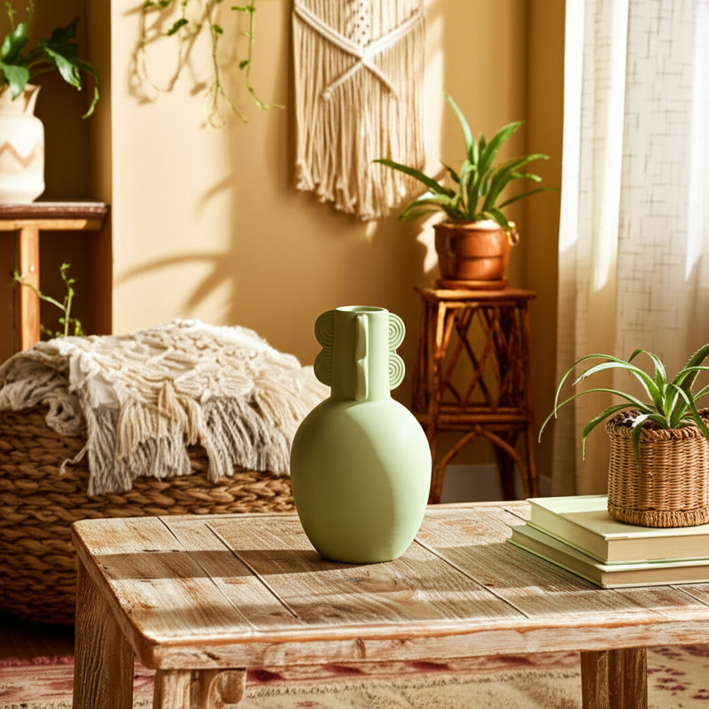 Gerarde Boho Ceramic and Stoneware Vase with Woven and Synthetic Wicker Accents, Modern Decorative Jar in Contemporary Artisan Style for Eclectic and Artistic Home Decor Display