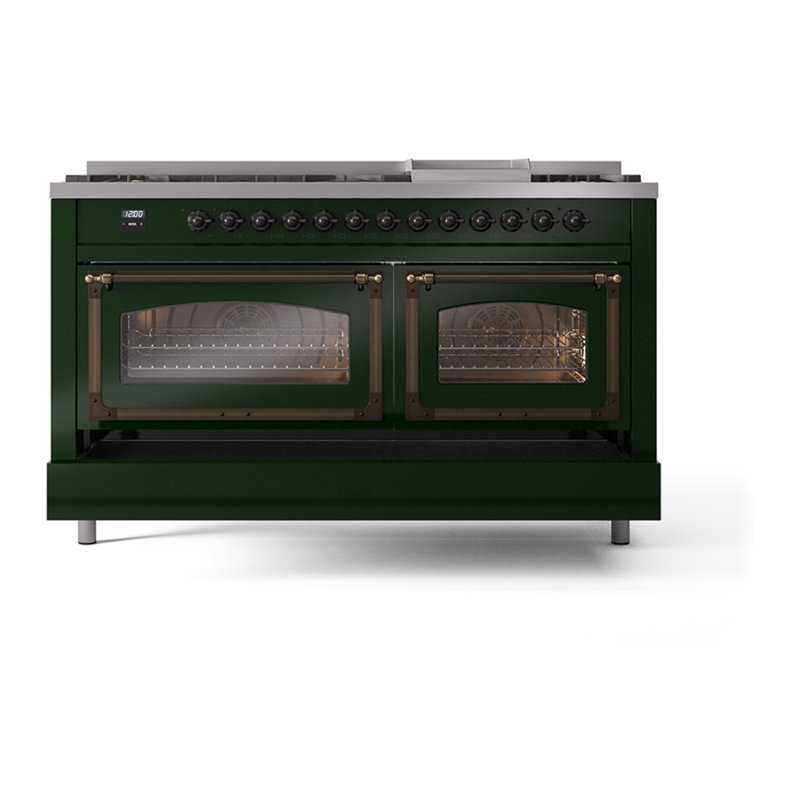 ILVE Nostalgie II Noblesse 60 in Dual Fuel Range, 9 Burner, Griddle, Emerald Green/Burnished, Natural Gas