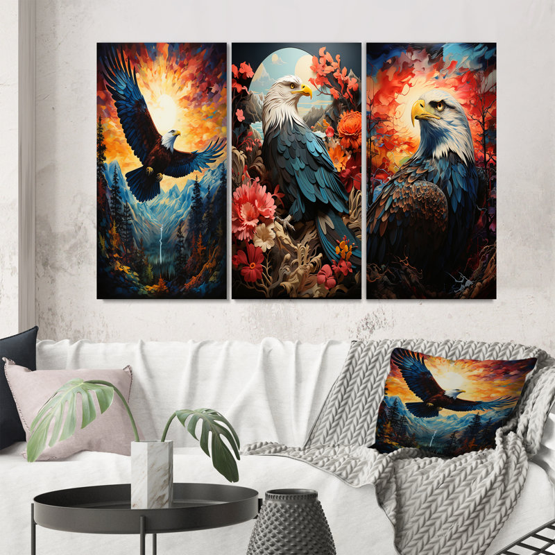 «Western Canyon Eagle Echoes Pointillism», 3 pièces sur toile, H 40 po x l 60 po, Cadre blanc