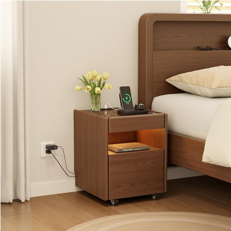 Solid Wood Nightstand with Charging Station, 3 Drawers, Hidden Compartment, and Wheels, 19.96"H×15.75"W×16.54"D, Brown