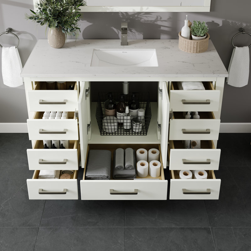 White Solid Wood Bathroom Vanity with Carrara Quartz Countertop
