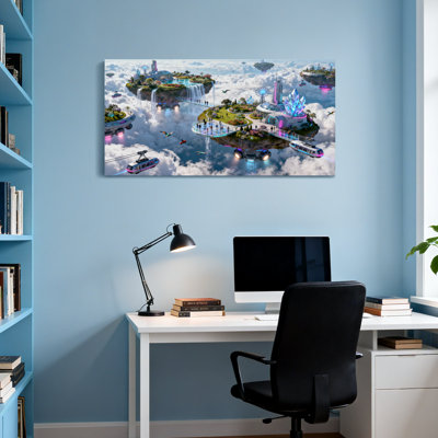 Fantasy & Sci-Fi Floating Islands Sky City Futuristic Landscape Hover Trains Cloudscape Fantasy World - Picture Frame Print on Canvas