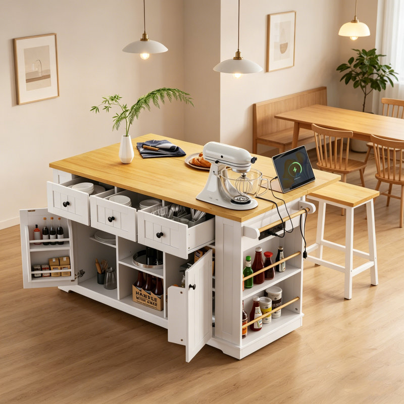 53" Large Kitchen Island with Drop Leaf, Power Outlet & Internal Storage Rack, Rolling Kitchen Cart with 5 Wheels & 5 Open Side Racks for Kitchen, White (Stools Not Included)