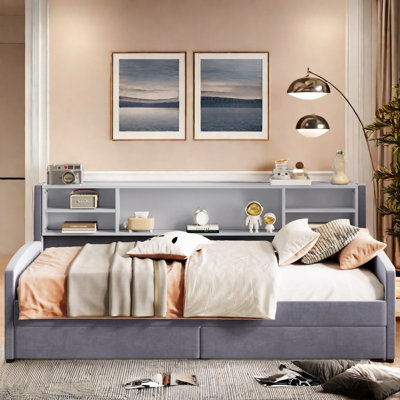 Dunbabin Velvet Upholstered Platform Bed with Storage Shelves and 2 Drawers