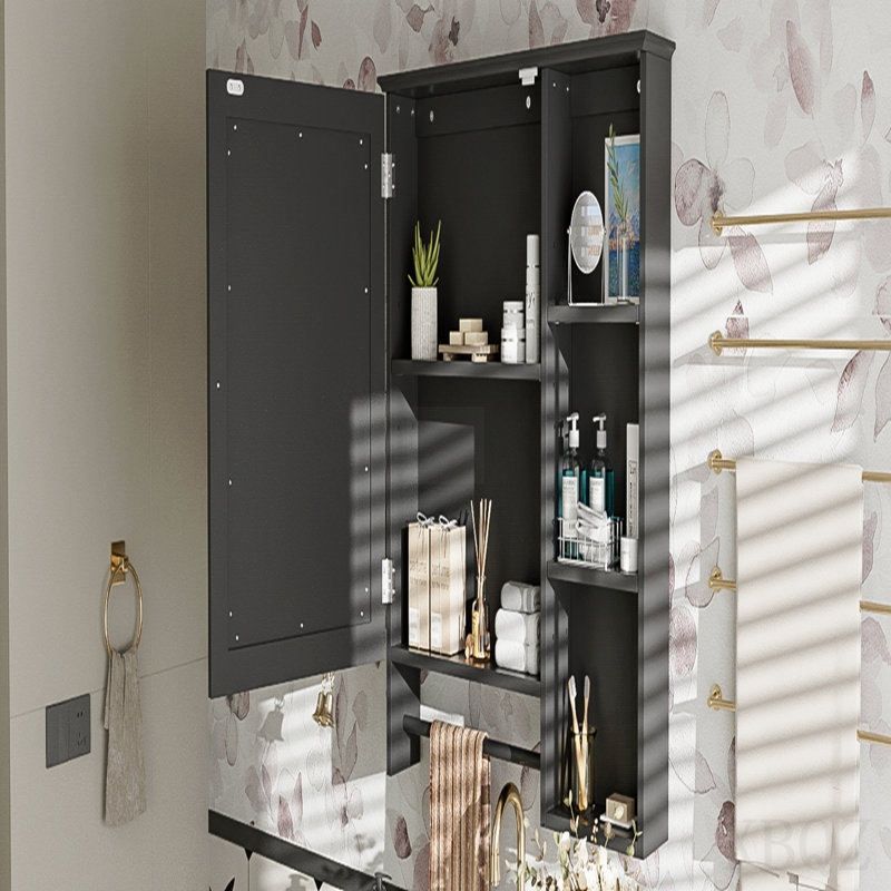 Armoire de rangement murale pour salle de bain, armoires à pharmacie avec grande porte miroir, tablettes réglables et trois niveaux de rangement ouverts (meuble-lavabo non inclus)