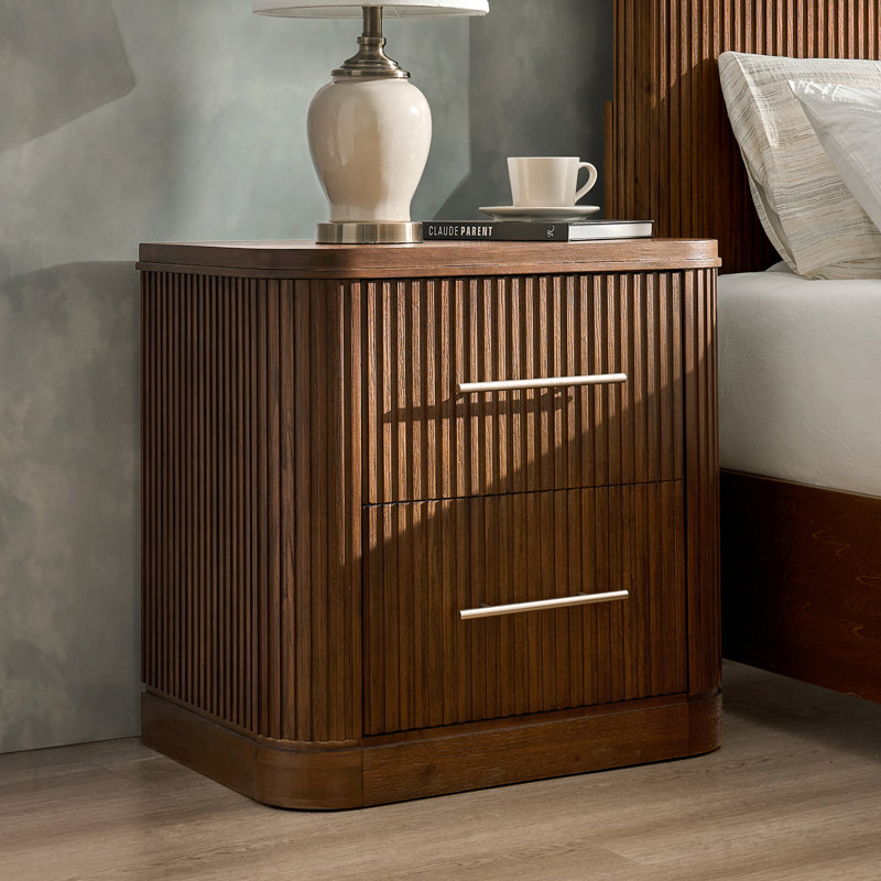 Graciana Modern 26''W 2-Drawer Fluted Nightstand with Built-in Power Strip and Minimal Assembly, Walnut