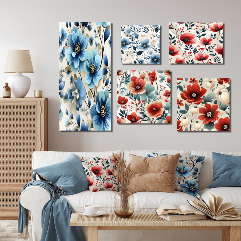 Bleu et ivoire élégance côtière motif floral II - ensemble de 5 impressions murales florales, Cadre flottant blanc
